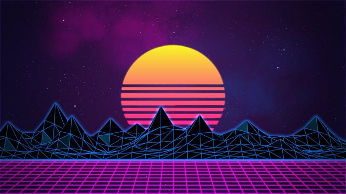 Retrowave Neon 80s Vibe Sunset Mountains Grid