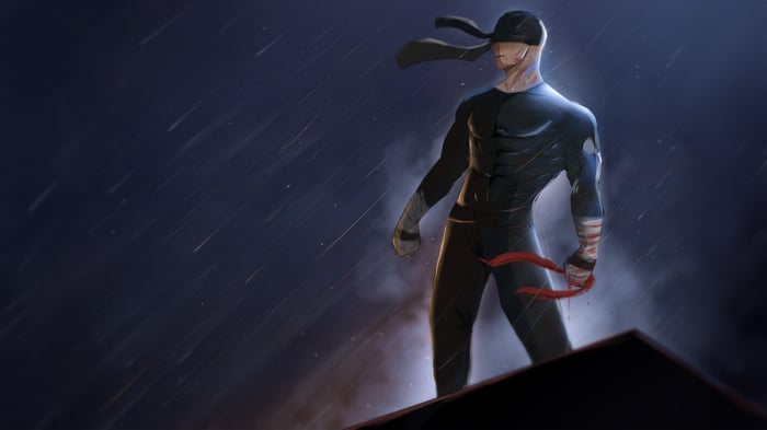 Daredevil standing on a rooftop in the rain