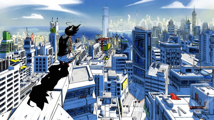 Faith Connors overlooks a futuristic city from a rooftop