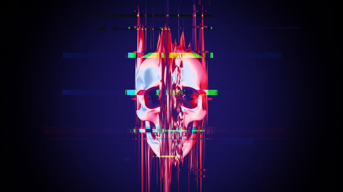 Glitch Skull with Red and Blue Digital Distortion