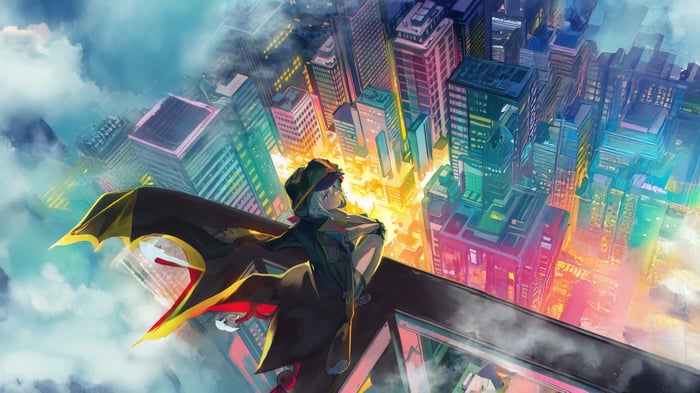Girl in cape watching over a colorful city at night