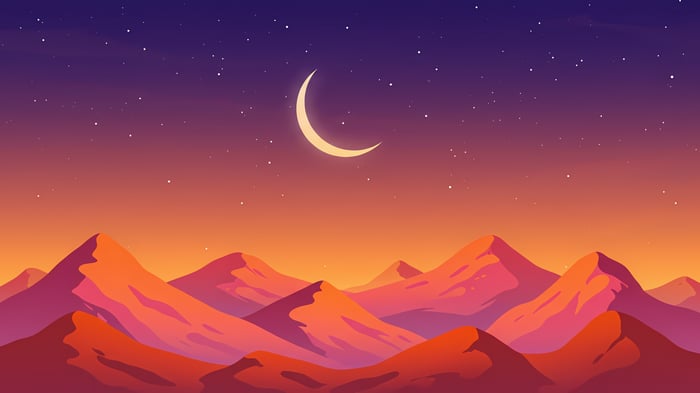 Minimal night in mountains with crescent moon