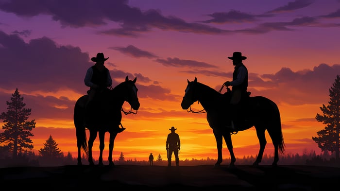 Cowboys on horseback at sunset