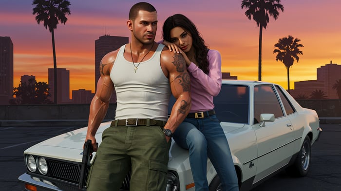 Couple posing with a car in GTA VI style