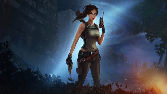 Lara Croft from Tomb Raider in the rain