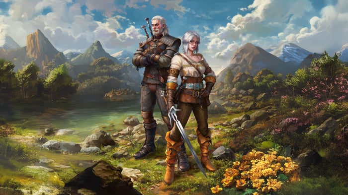 Geralt and Ciri in a mountain landscape
