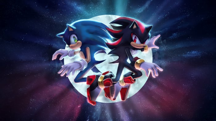 Sonic and Shadow the Hedgehogs in front of a Moon
