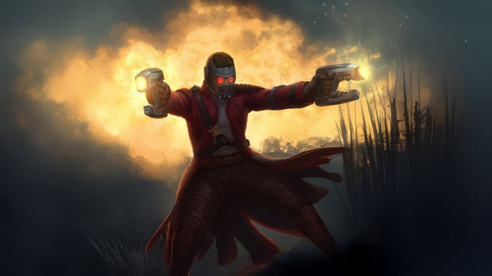 Star Lord with Guns in Fiery Background
