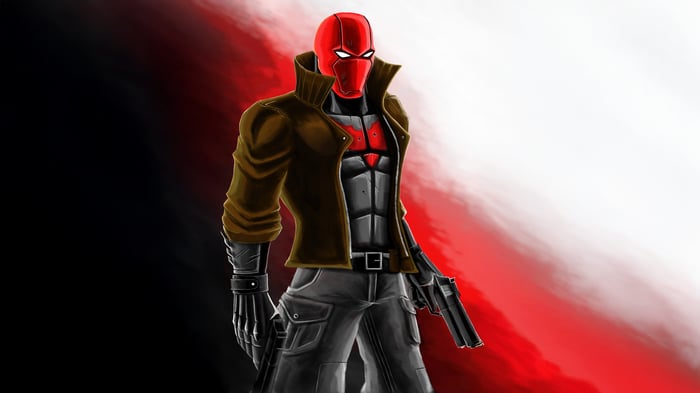 Red Hood holding two guns