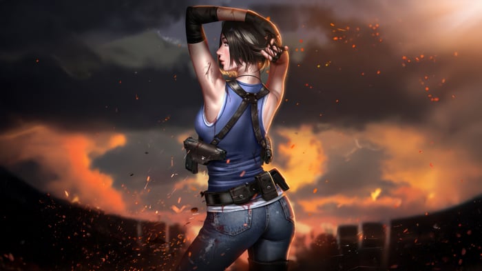 Jill Valentine from Resident Evil in a post-apocalyptic setting