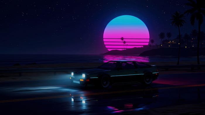 Retro car drives on a wet road at night with a neon sunset