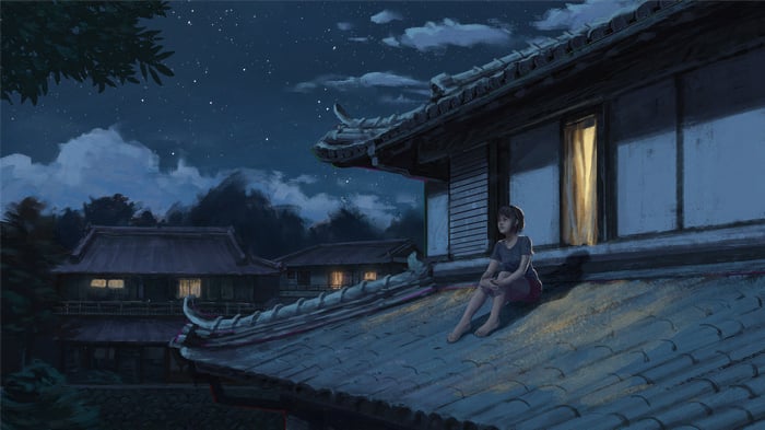 A Girl Sits on a Rooftop Under the Night Sky