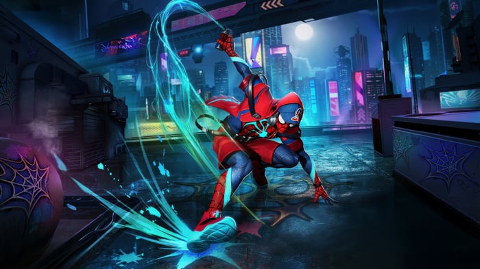 Spider-Man in a futuristic city with neon lights