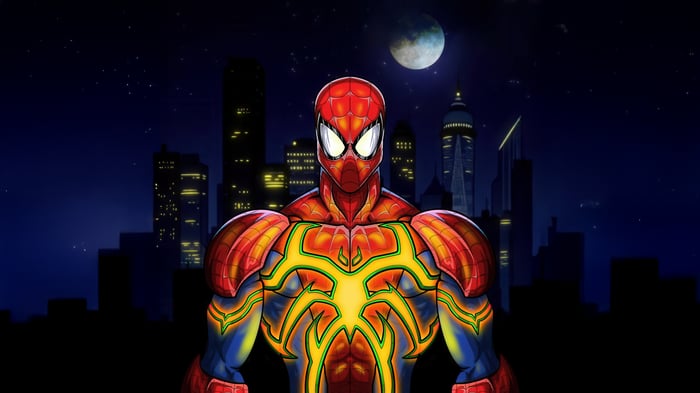 Spiderman standing in a city at night