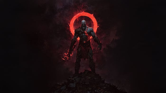 Kratos stands with a red ring behind him