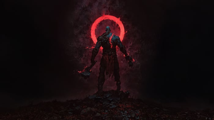 Kratos with a red halo and axe