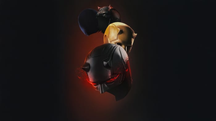 Daredevil Helmets Stacked with Red Glow