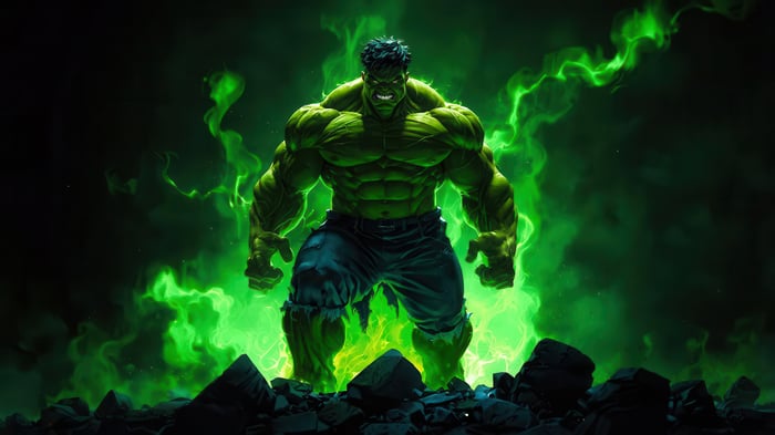 Hulk surrounded by green energy and rubble