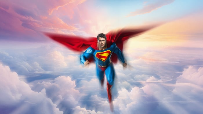 Superman flying through clouds at sunset
