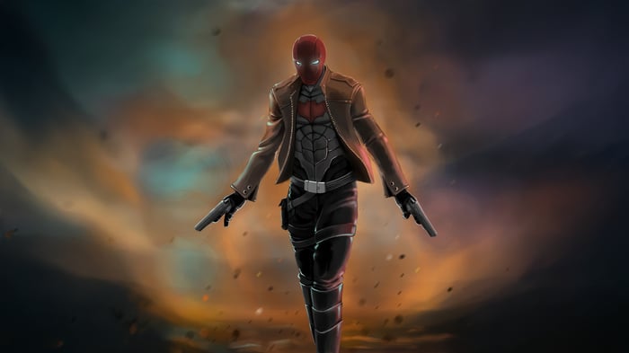 Red Hood with guns in a smoky background