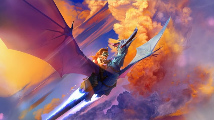 A girl rides a blue dragon through colorful clouds
