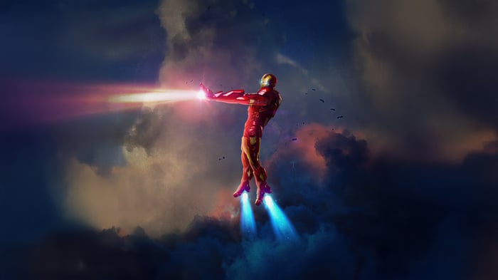 Iron Man flying and shooting beams in the sky