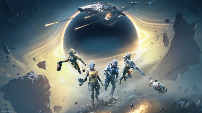 Four astronauts and a spaceship near a black hole