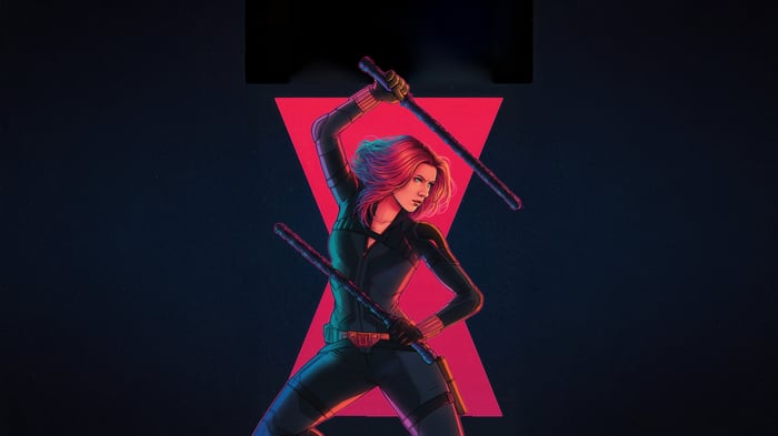 Black Widow with batons in front of red hourglass
