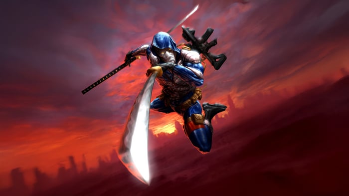 Assassin with swords and rifle against red sky