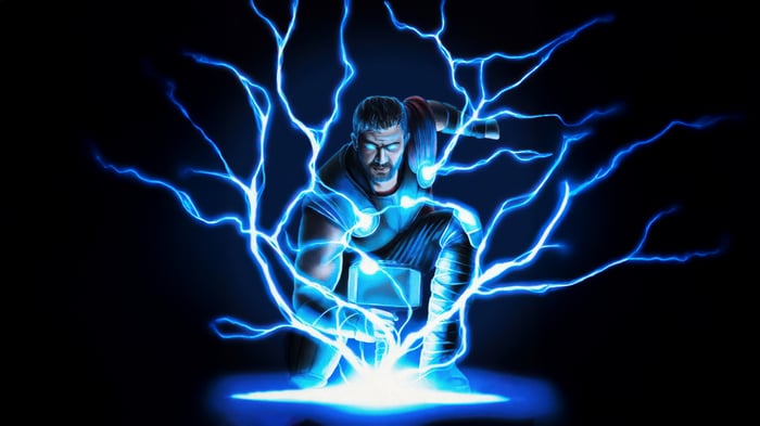 Thor surrounded by blue lightning