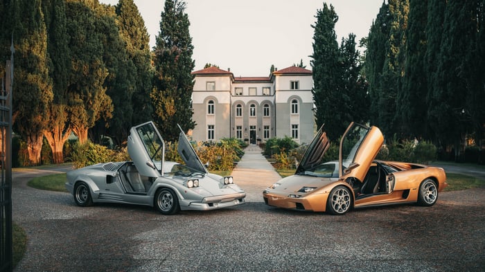 Lamborghini Countach and Diablo in front of a mansion