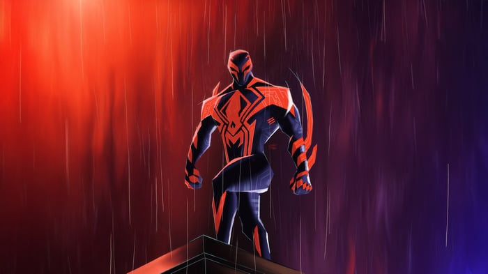 Spider-Man 2099 standing on a rooftop in the rain