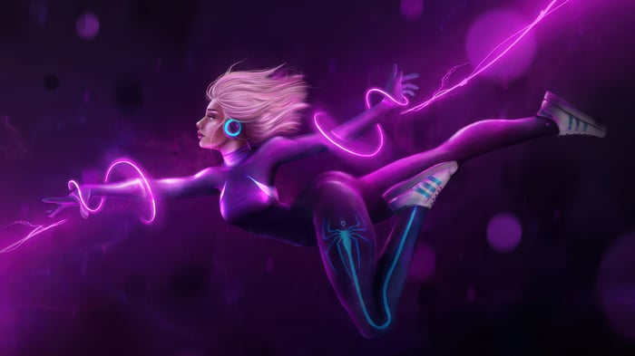 Gwen Stacy from Spider-Man: Into the Spider-Verse with neon energy