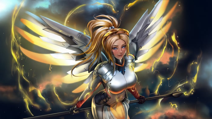 Mercy from Overwatch with glowing wings