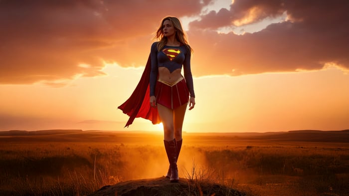 Supergirl standing in a field at sunset