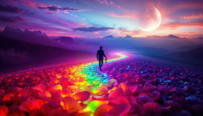 A person walks on a rainbow path towards a large moon.