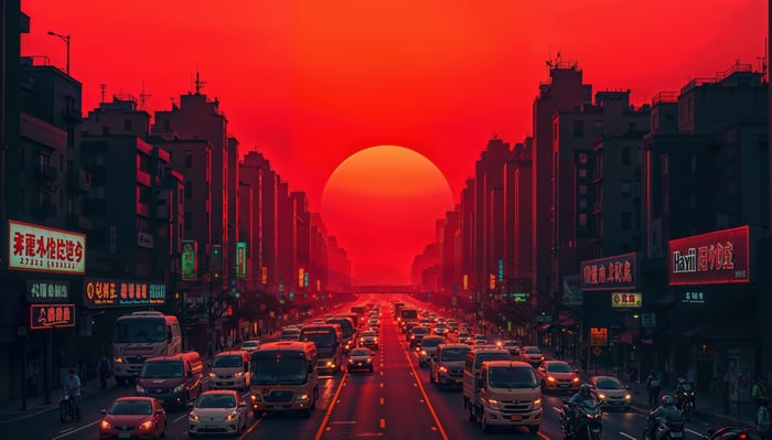 City traffic under a large red sun