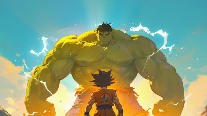 Goku faces off against a giant Hulk