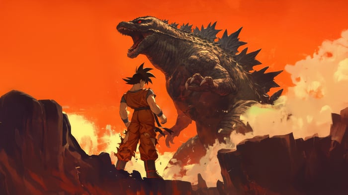 Goku faces Godzilla in a fiery landscape