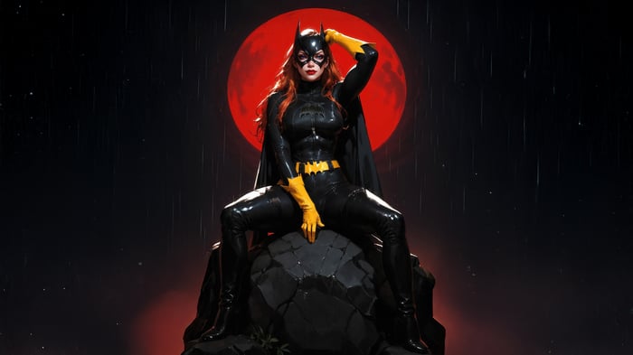 Batgirl Poses on a Rock Under a Red Moon