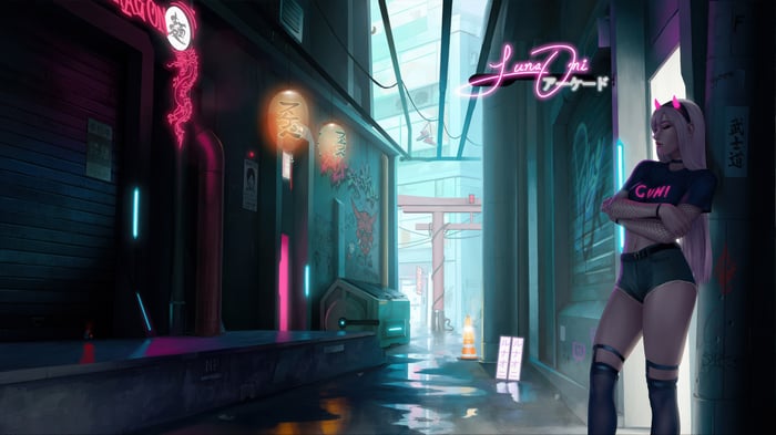Girl in cyberpunk alley with neon signs
