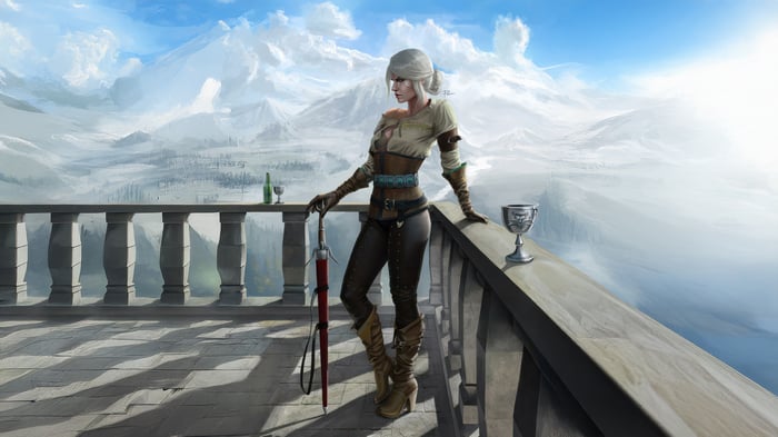 Ciri from The Witcher on a balcony with mountains