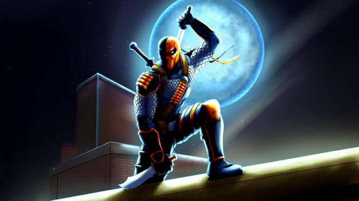 Deathstroke on a rooftop at night