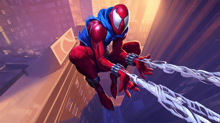 Scarlet Spider swinging through a city