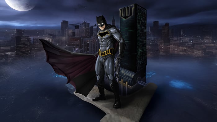 Batman Standing on Wayne Tower at Night
