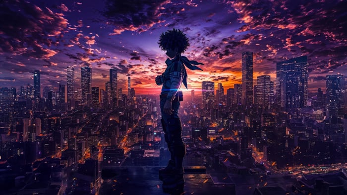 Izuku Midoriya Standing on a Rooftop Overlooking a City at Sunset