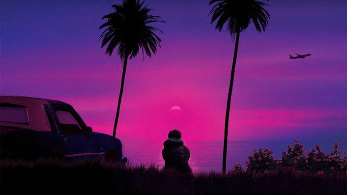 Person watching sunset with palm trees and car