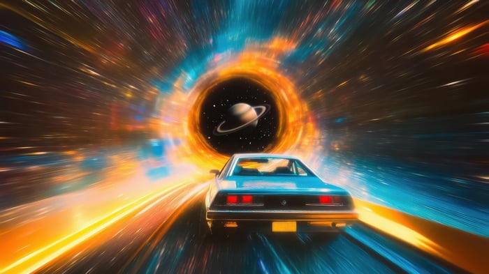 Car traveling through a wormhole with Saturn