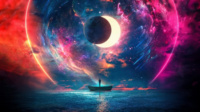 Man in a boat drifting through a dreamscape