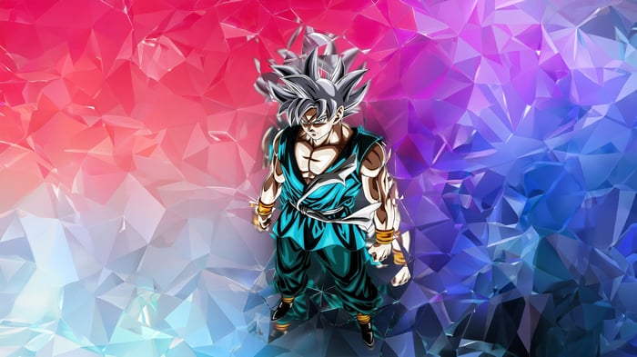 Goku in Ultra Instinct form against a crystal background
